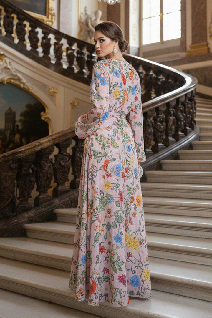 luxury dress, artistic florals, floral duster, royal staircase, bold colors, garden theme, elegant styling, couture feel