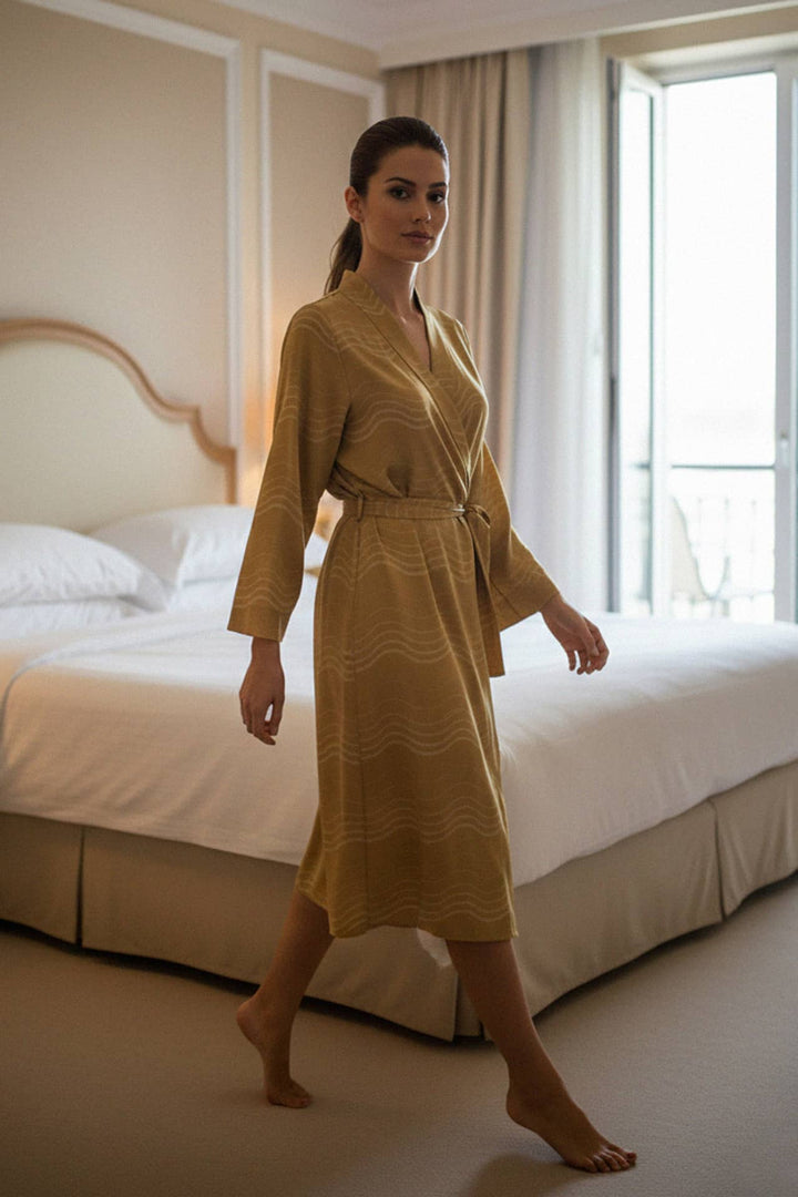 luxury midi, gold summer dress, relaxed wrap, stripe accents, soft movement, chic elegance