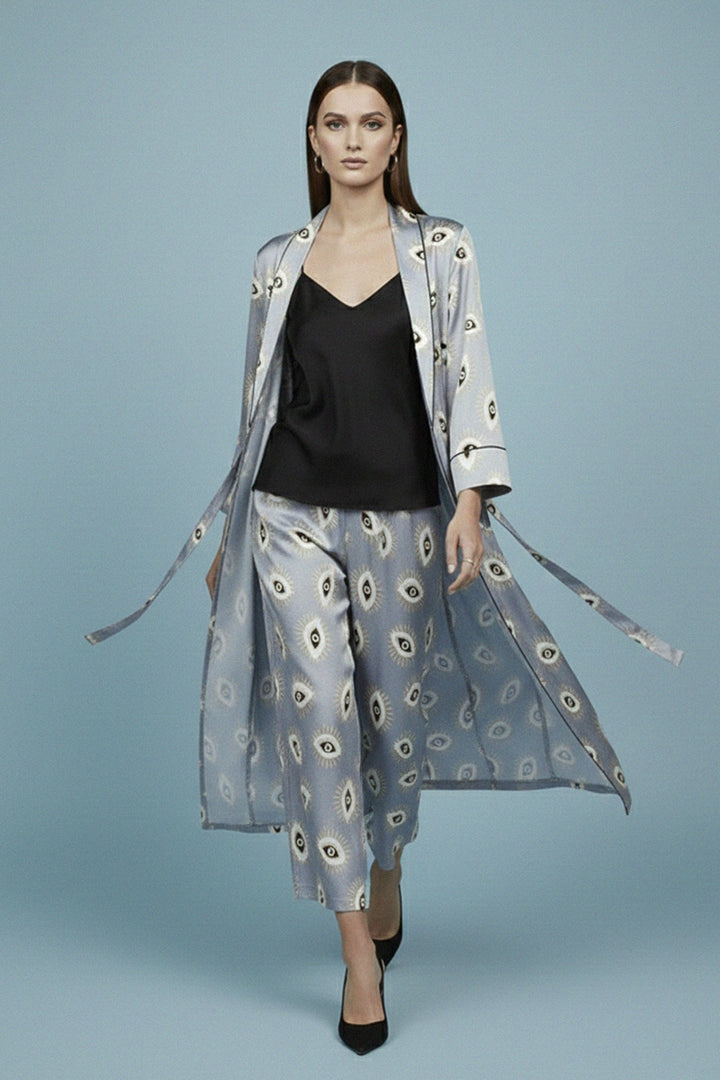 elegant womenswear, printed robe style, boutique island piece, fashion statement coat