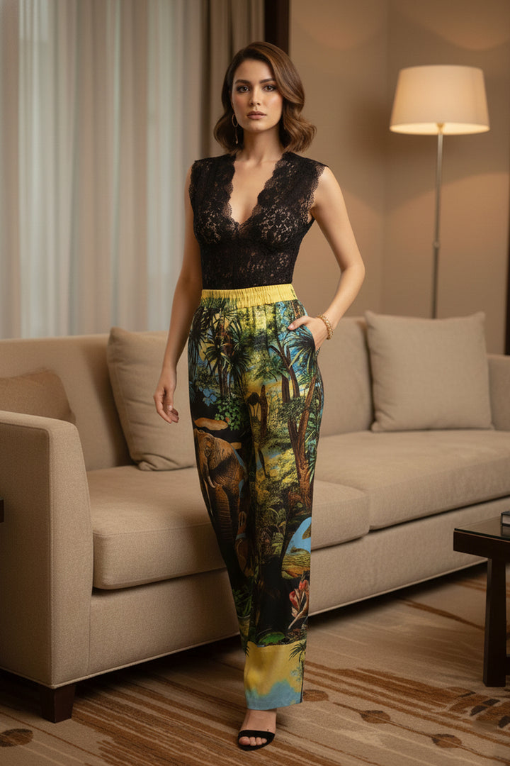 stylish relaxed pants, elegant womens trousers, statement wardrobe piece, high fashion trousers, soft silk design