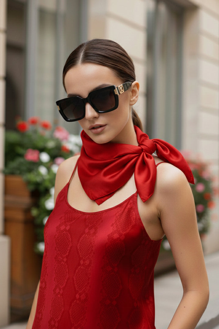shahida-kyle-richards vibe, rich red scarf, sustainable satin style, eco-friendly wrap, blood stone shade, elegant day look