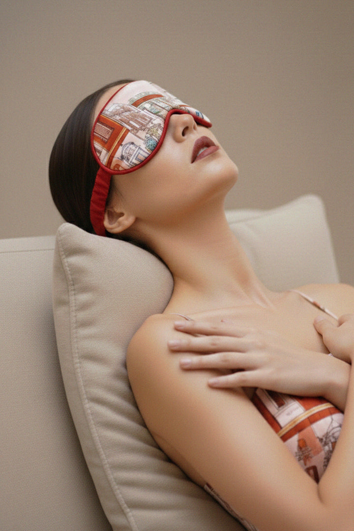 red silk mask, luxury eye cover, travel comfort piece, stylish sleep accessory, women silk mask