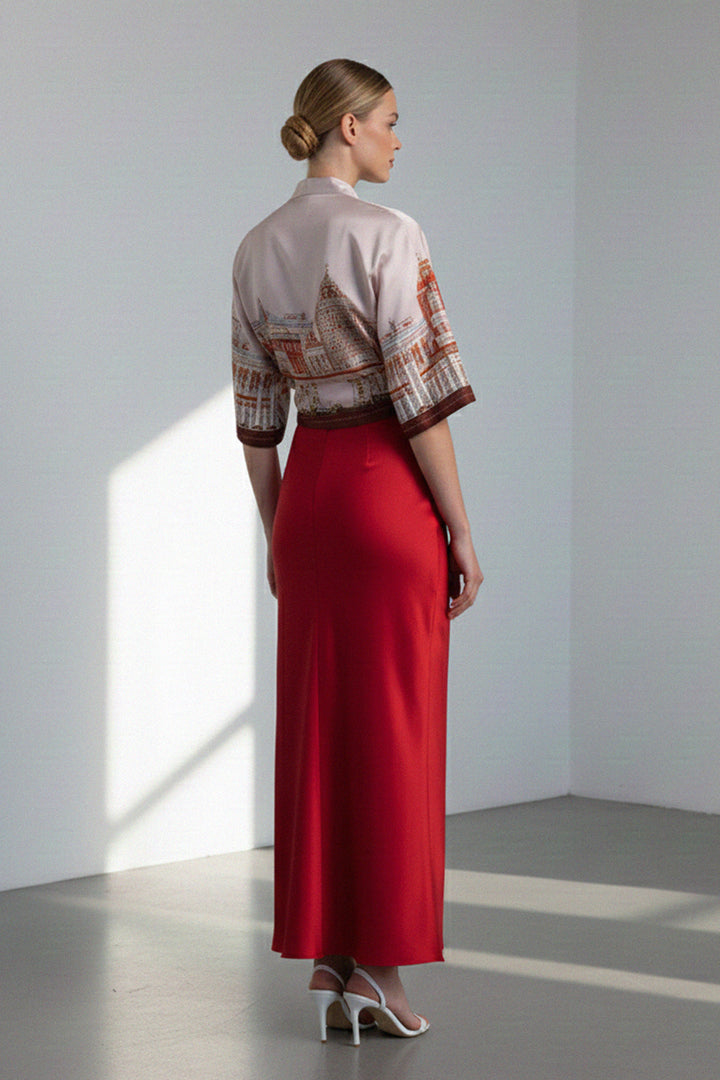 satin statement top, shahida-kyle-richards, modern kimono blouse, elegant crop top, fashion print blouse