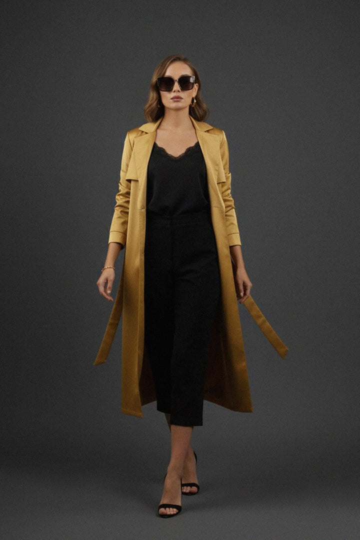 glossy trench coat,
designer trench coat,
luxe satin outerwear,
Shahida Parides,