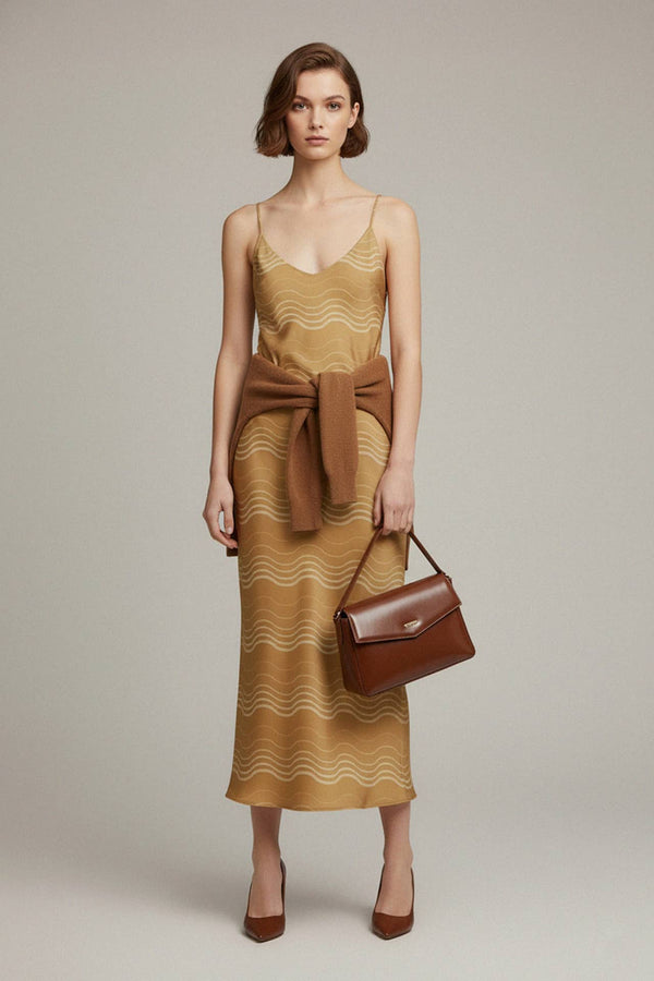 resort midi dress, satin cami outfit, womens luxury wear, soft silk cami, chic midi slip