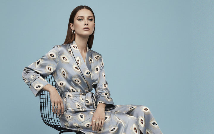 boho resort style, printed silk robe, elegant womenswear, island fashion, chic designer robe, artistic womenswear