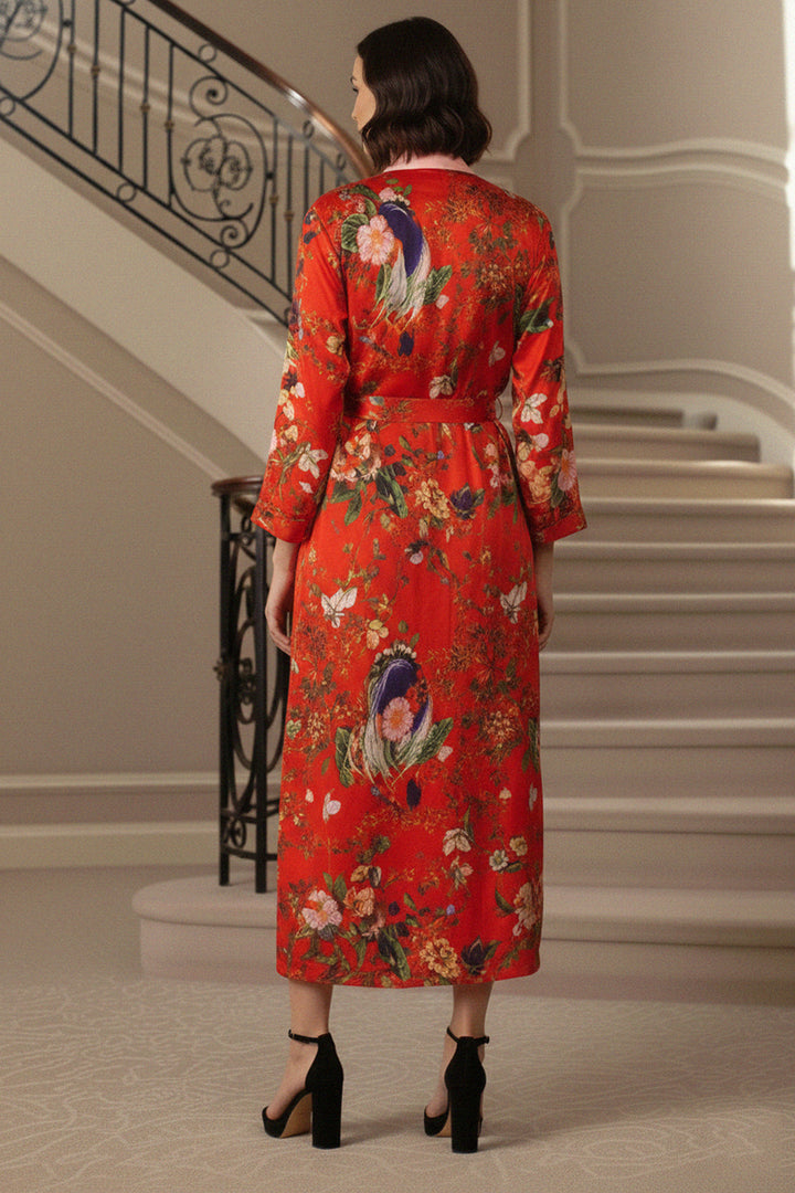 satin robe, womens long kimono, stylish robe, Kyle Richards design, printed robe, silky robe