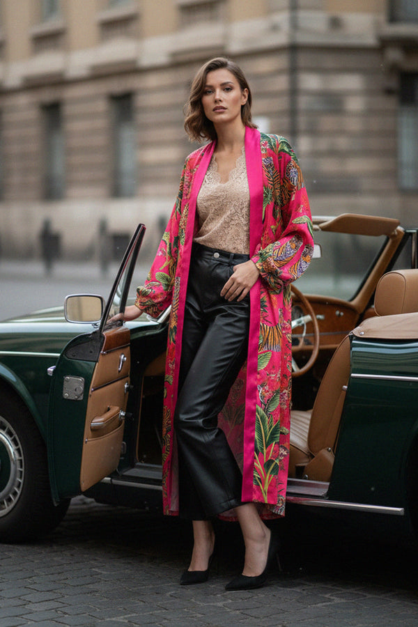floral silk robe, luxury kimono, women’s fashion, street style, long kimono, bright print robe