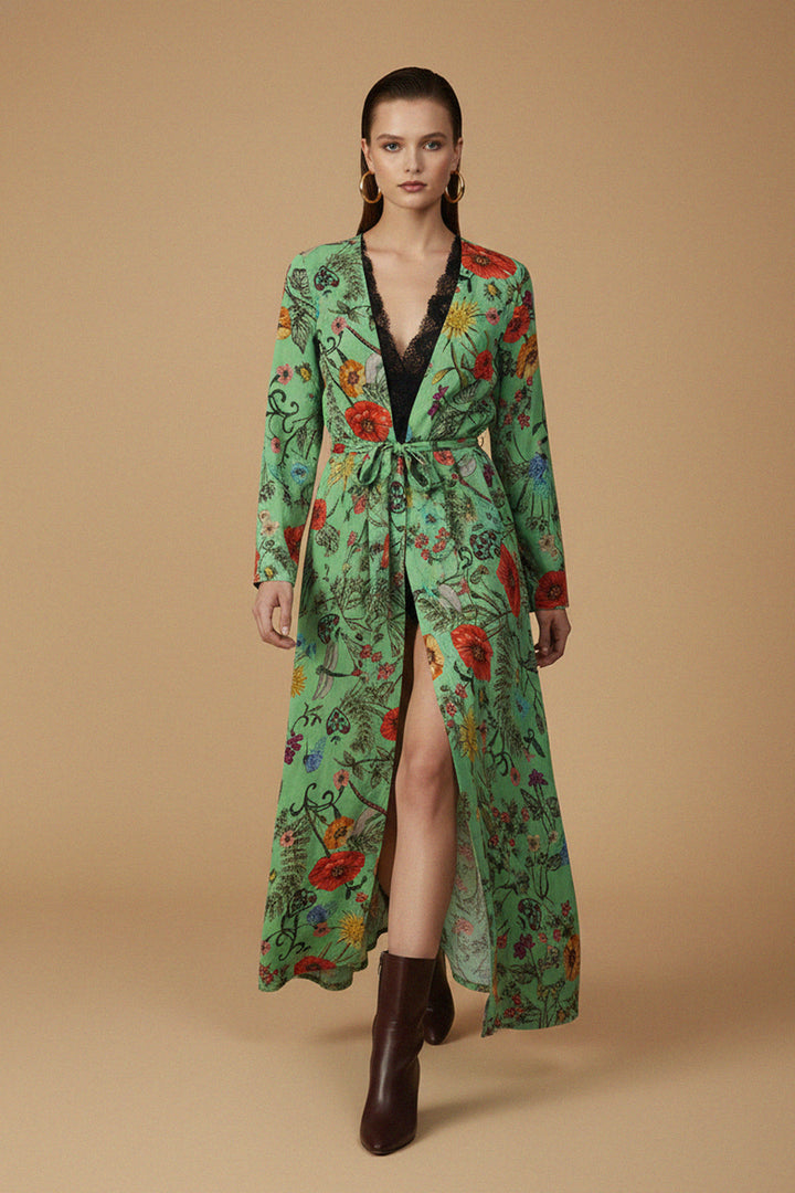 silk long duster, designer printed dress, womens long dress, luxury silk, fashionable duster, elegant