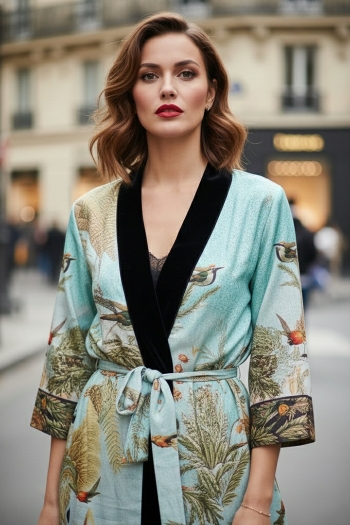 nature print robe, shahida parides, santorini trench coat, printed silk robe, resort chic fashion, designer womenswear