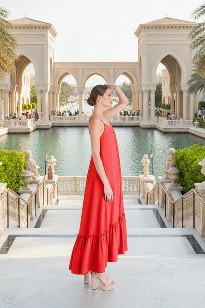 Kyle X Shahida, summer maxi dress, ruffle dresses, sexy red dress, gown dress,