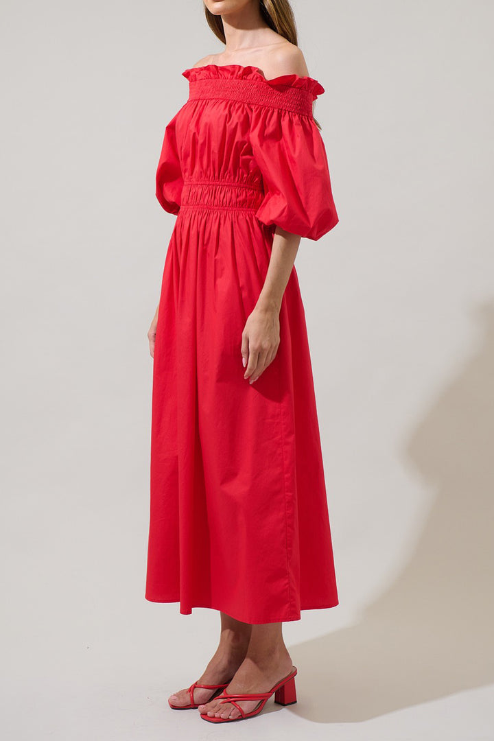 off shoulder summer dresses Designer Red Puff Sleeve Dress | Off Shoulder Dress