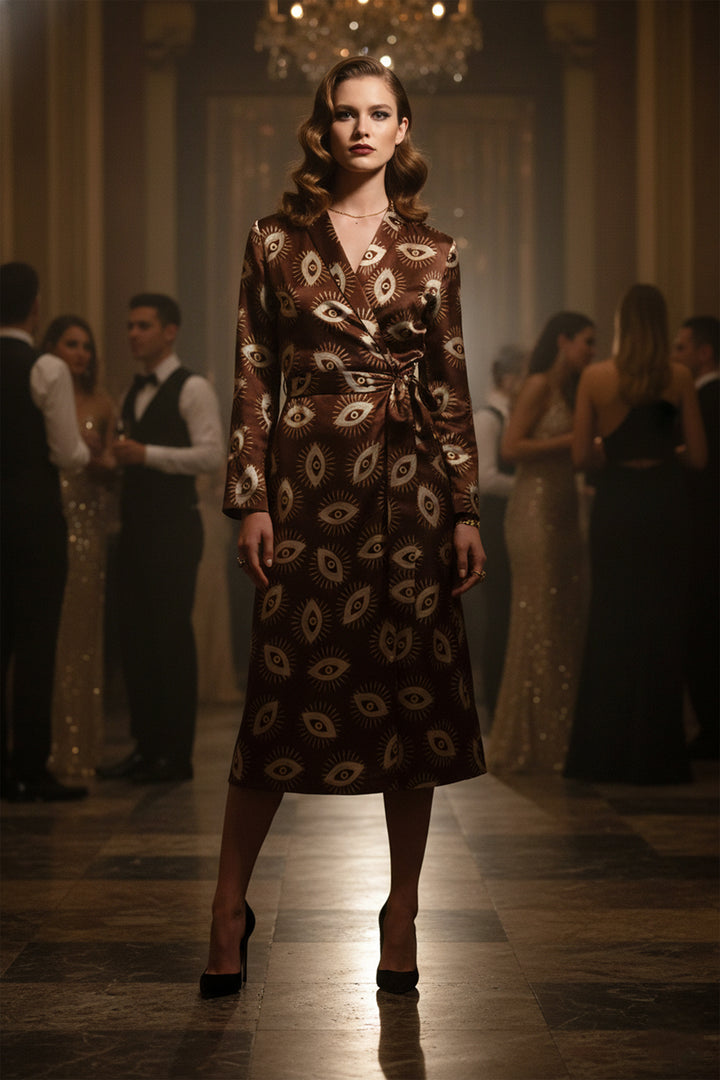 silk wrap dresses Small Eye Eye Print Midi Wrap Dress Long Sleeve