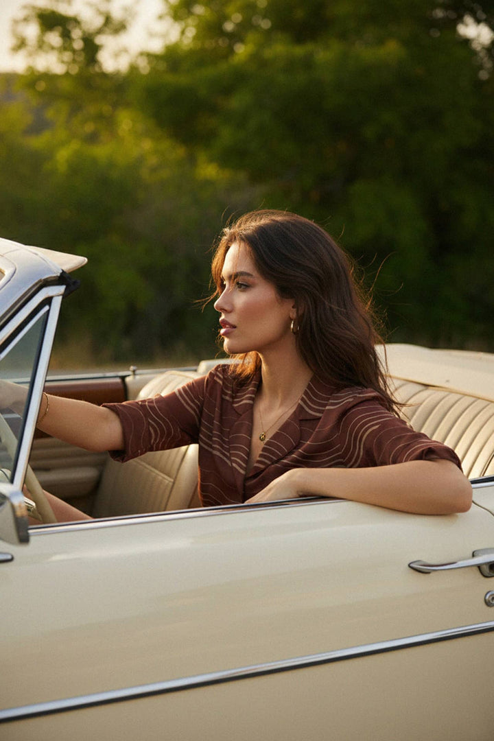 matching set, stripe print, outdoor shoot, boho chic, stylish woman, soft waves