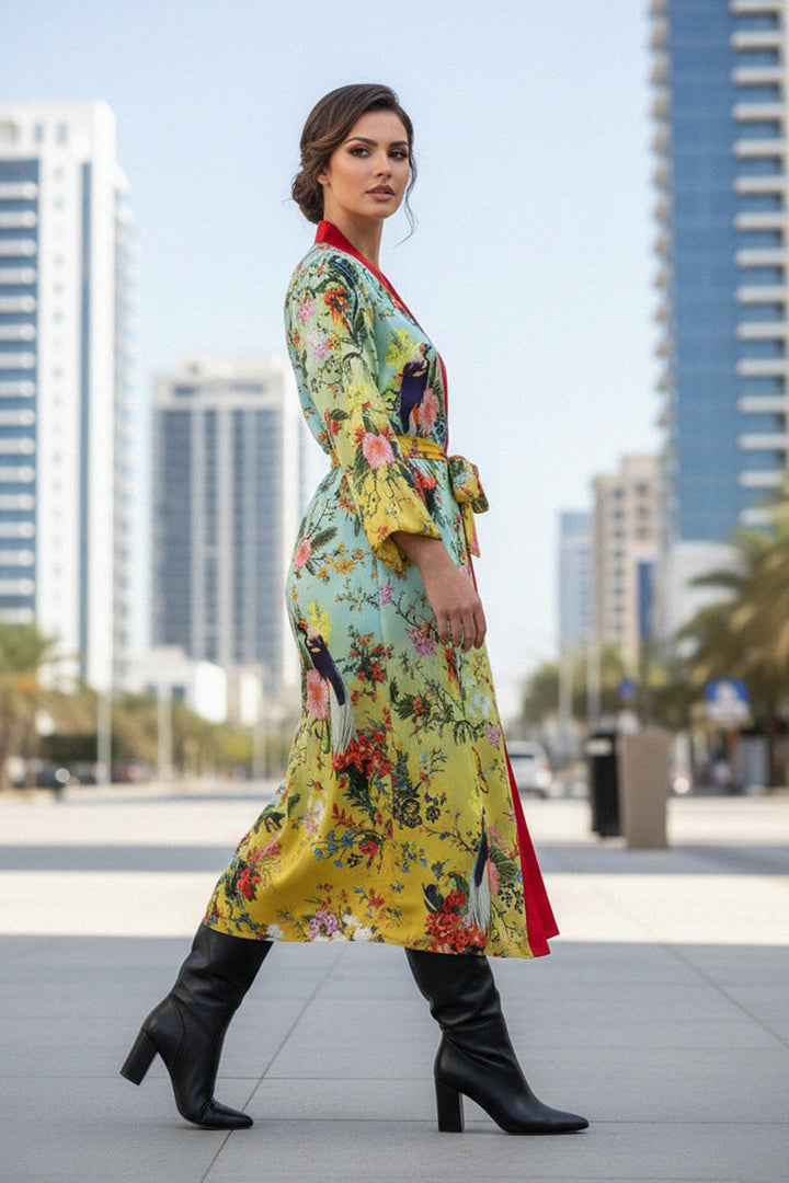 kimonos for women, yellow floral robe, red trim kimono, chic outdoor look, patterned long kimono