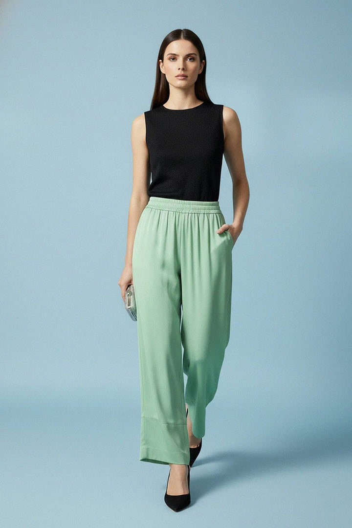 mint resort pants, pastel green trousers, flowy leg bottoms, chic modern outfit, warm season style
