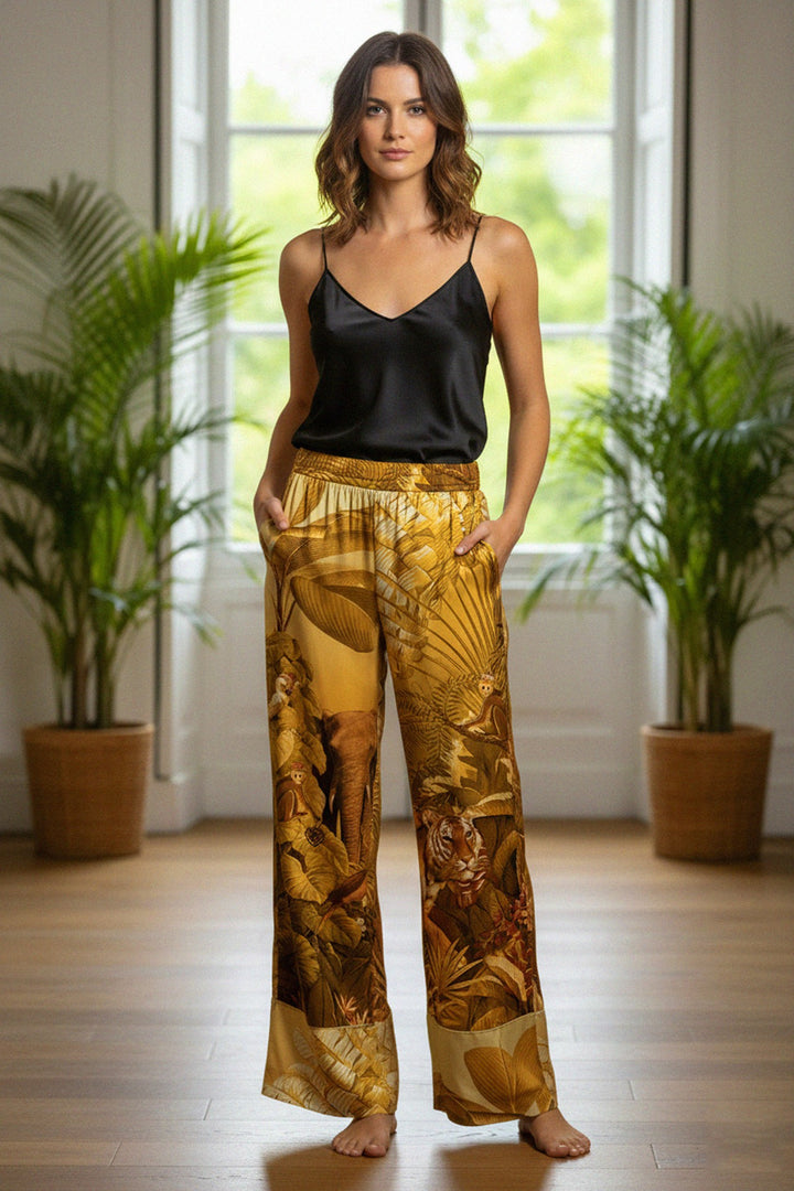 elegant mustard pants, artistic womenswear, straight leg silk pants, designer womens fashion