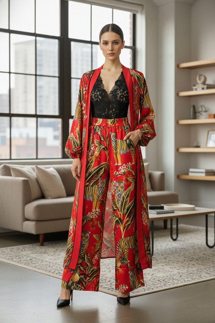 silk robe, animal print, long kimono, luxury wear, boho fashion, designer robe, RHOBH style