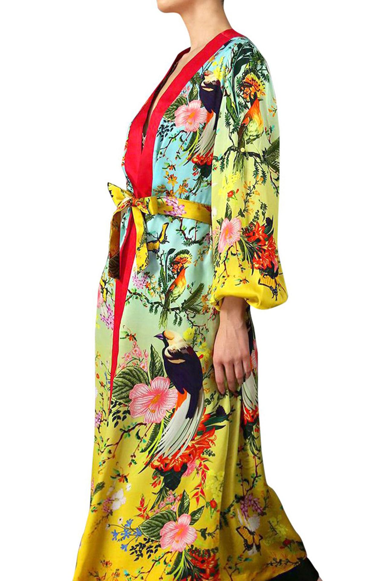 "Kyle X Shahida" "womens long kimono robe" "long silk robe"  "designer kimono," "silk green robe" "silk yellow robe"
