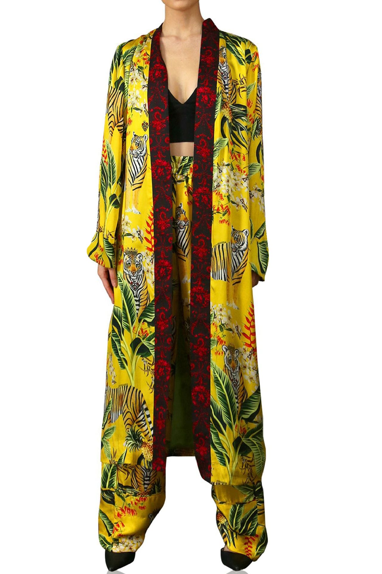 "Kyle X Shahida" "yellow silk kimono robe" "silk kimono for women"  "plus size long kimono" "womens floral robe" "sexy silk robe"