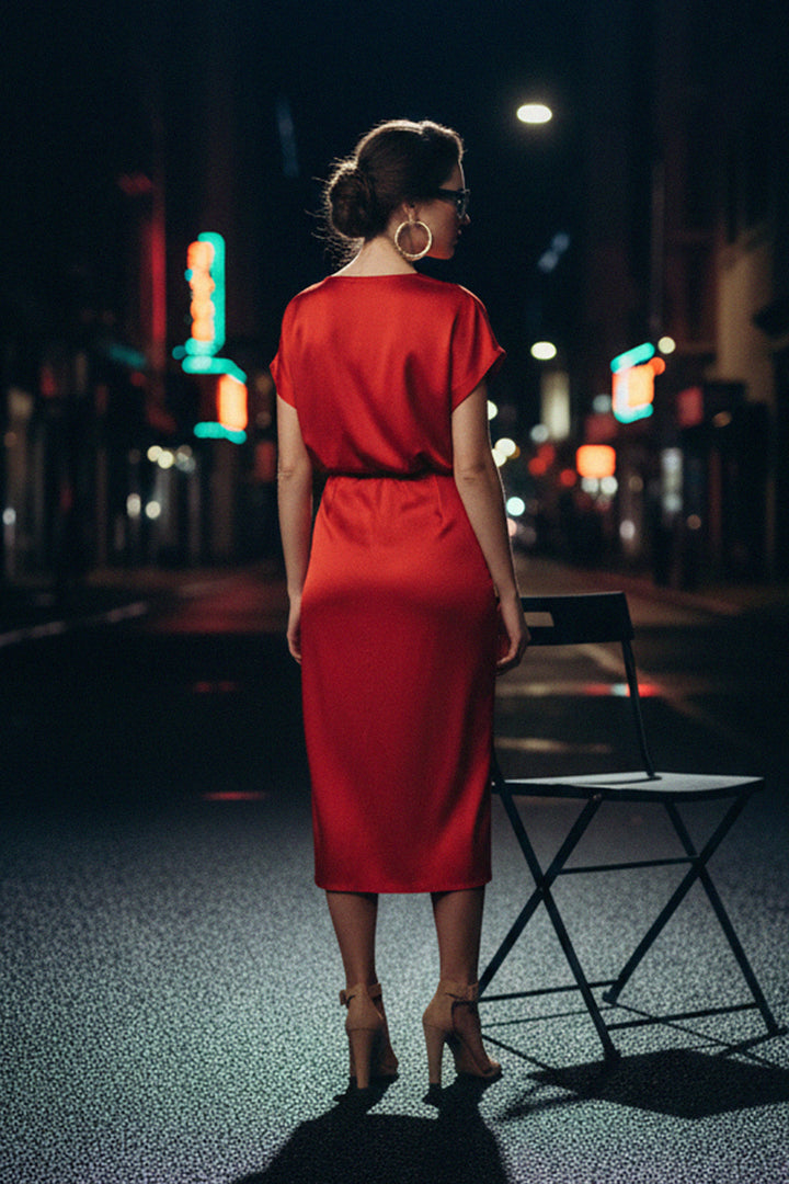 satin appearance, elegant event dress, chic satin fashion, shahida-kyle-richards, evening wear red