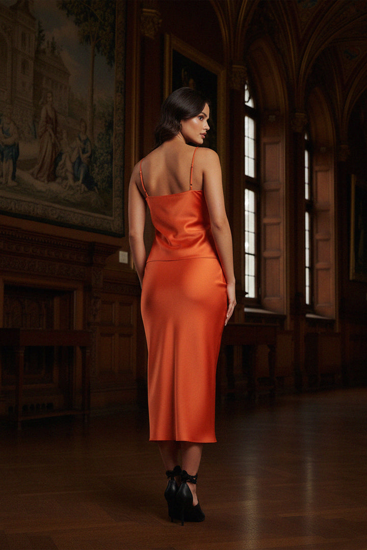 two piece set, back angle, satin ensemble, chic eveningwear, women's fashion, outdoor shoot