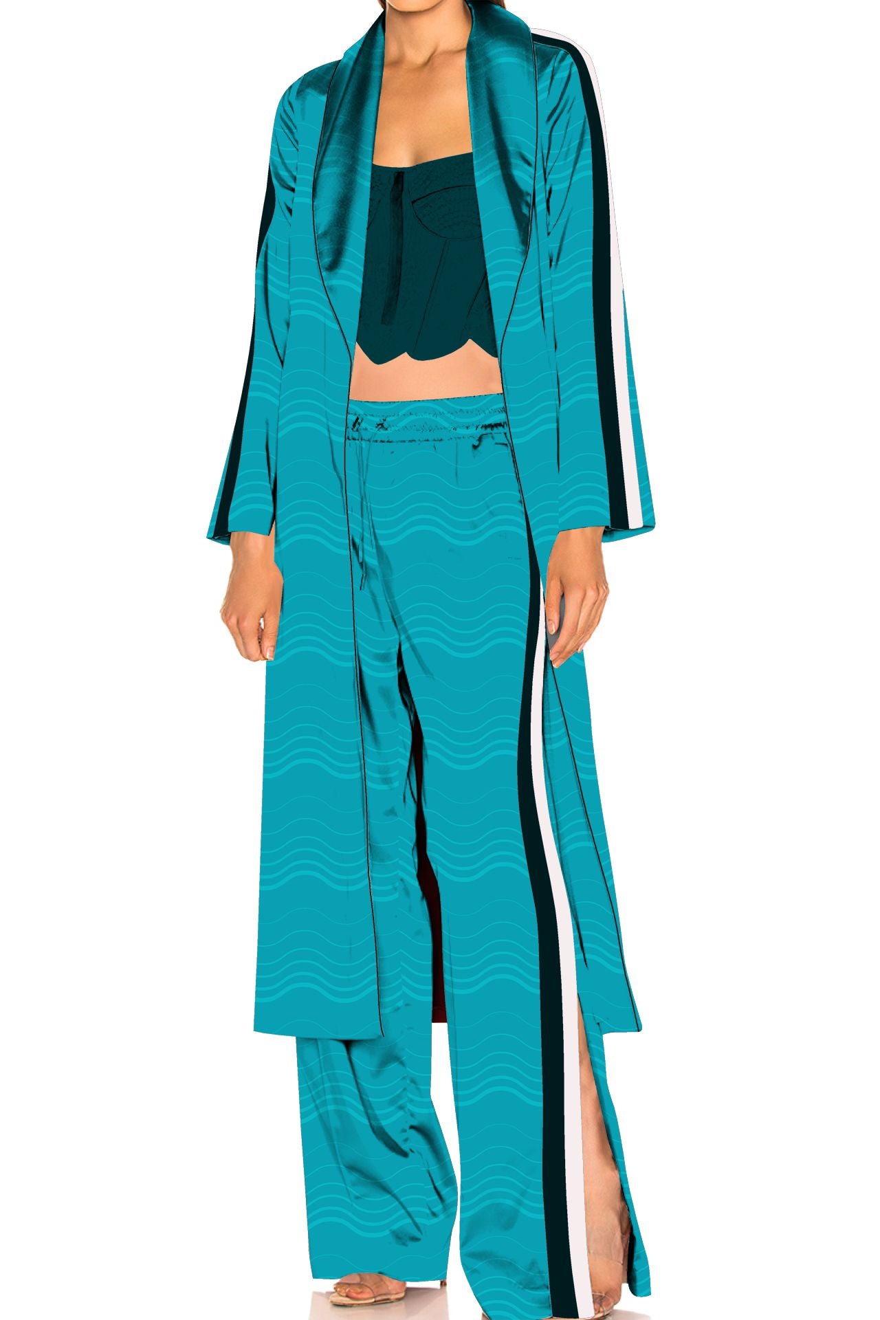 "women's pajama set with robe" "silk dress pajamas" "Kyle X Shahida" "silk pajama robe set"