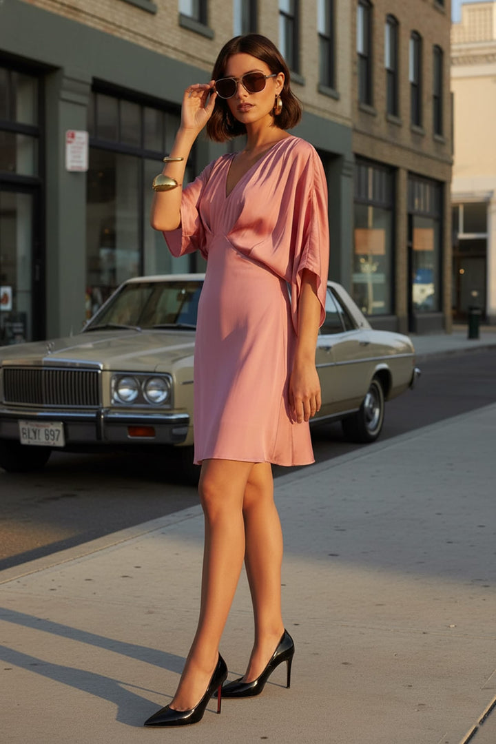 Shahida Parides,
casual pleated v-neck dress,
flattering short pleated dress,
pleated v-neck day dress,