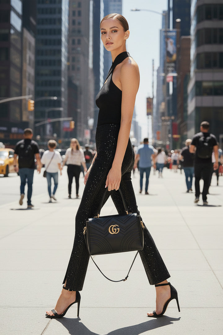 "black sequin womens pants" "sequin dress pants" "sequin plus size trousers" "Kyle X Shahida"