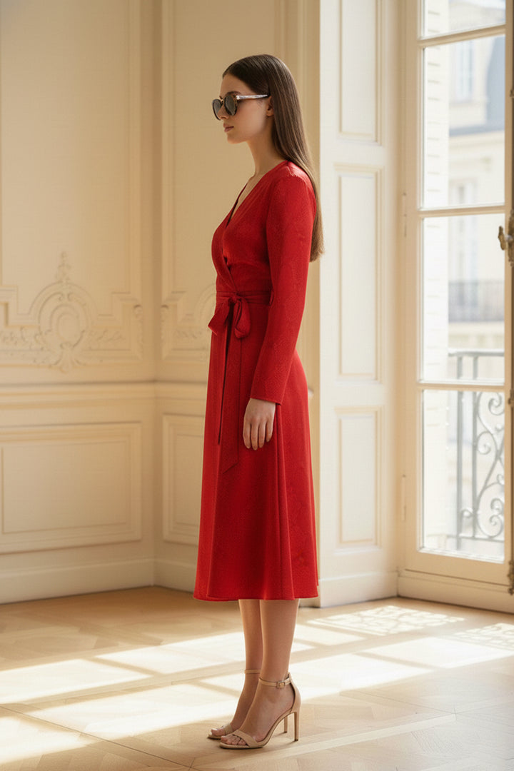 premium wrap dress, sustainable midi wear, shahida kyle, blood stone tone, ethical womens fashion, vegan silk apparel