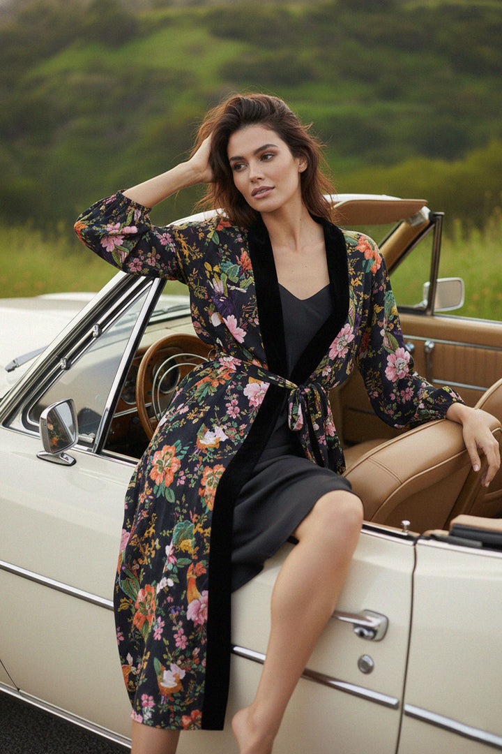 luxury silk robe, satin kimono, printed women robe, fashion robe, premium loungewear, stylish kimono