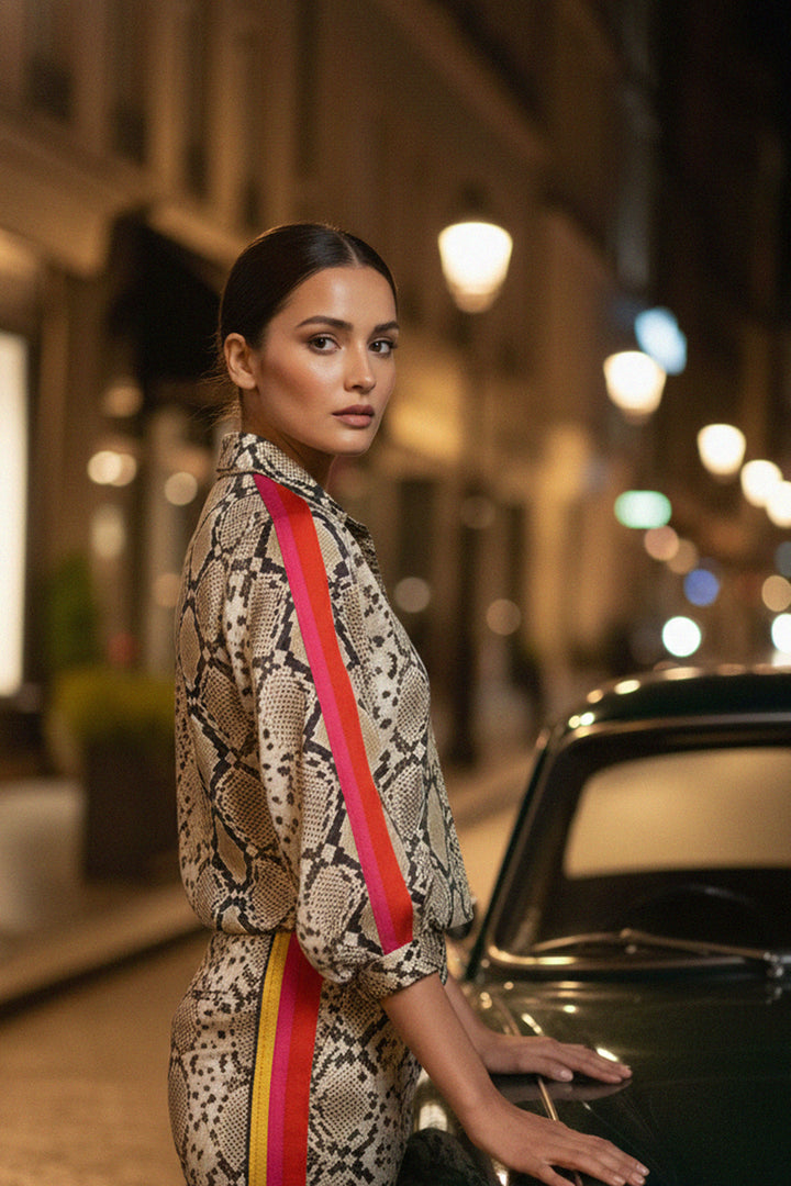 premium co-ord, shahida-kyle-richards, colorful stripe look, night glam outfit, fashion set