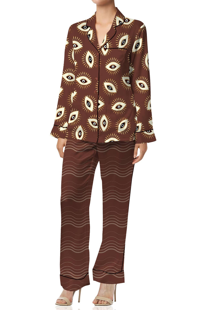 urban chic set, womens boho suit, printed brown outfit, designer fashion set, stylish street ensemble