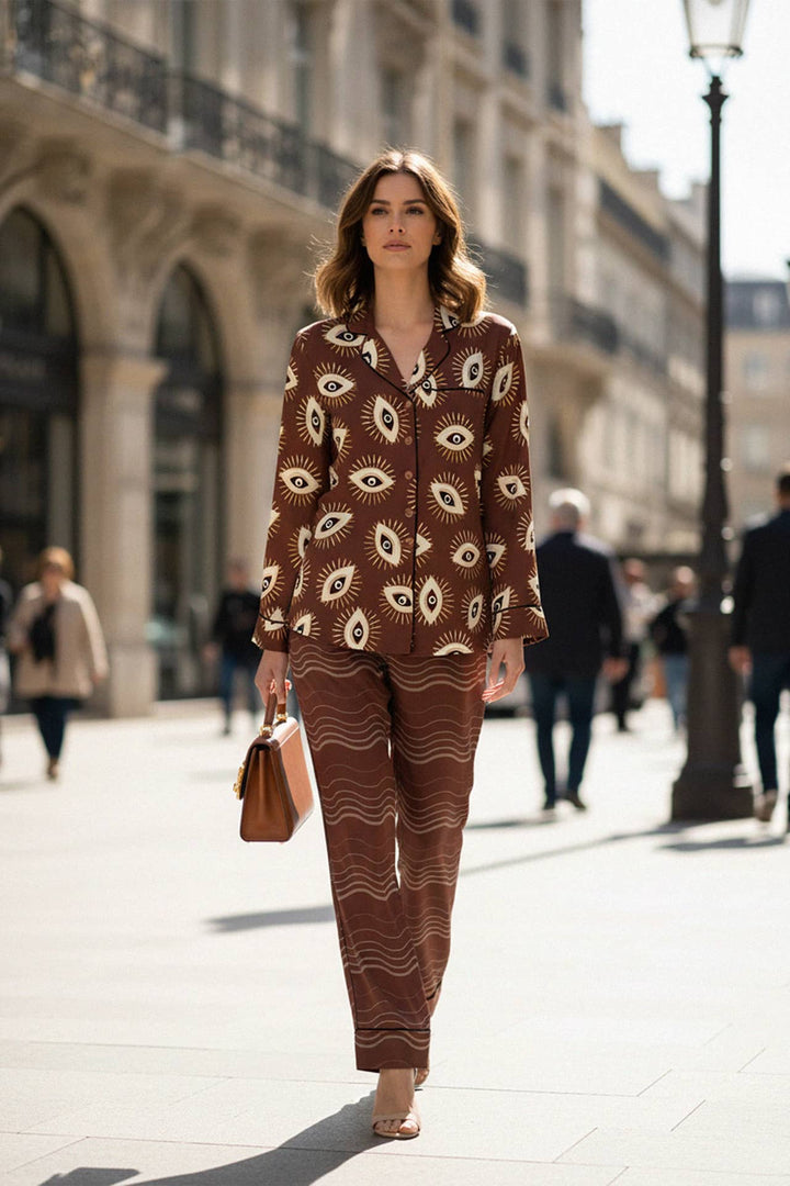brown suit set, printed matching outfit, womens designer wear, city street style