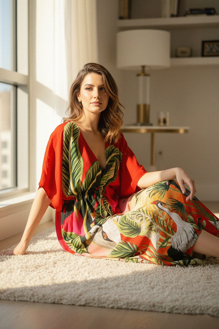 silk printed kaftan, jungle style dress, vacation outfit women, luxury boho kaftan, flowy silk fashion