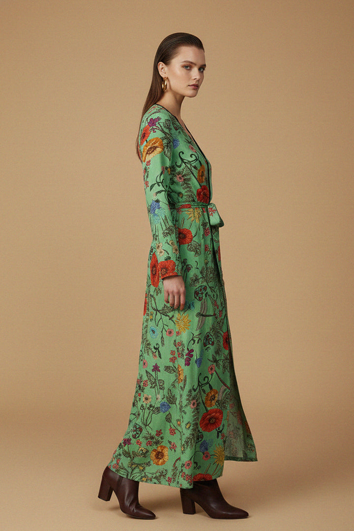 printed long duster, silk dress womens, designer dress, luxury silk dress, elegant womenswear, long flowing dress