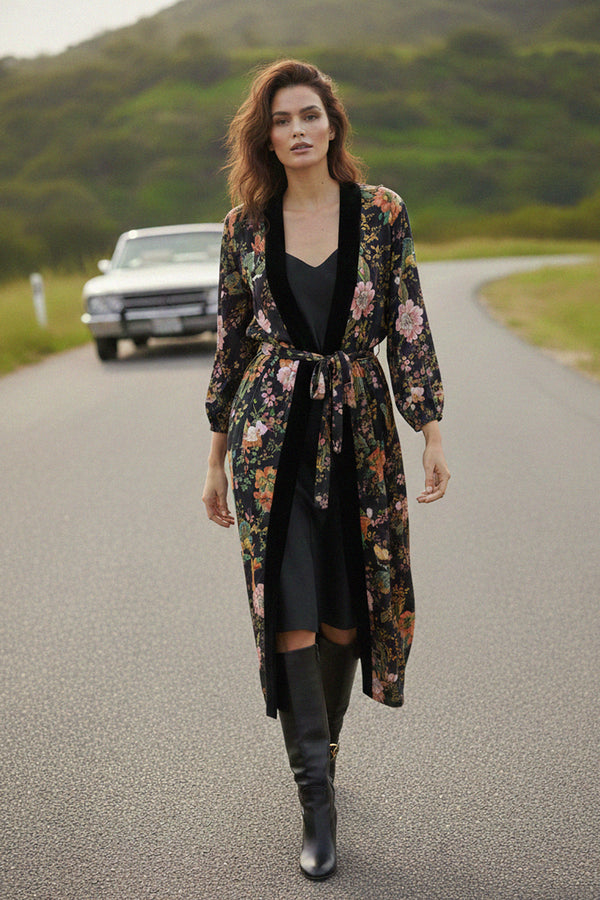 printed silk robe, Kyle X Shahida, long kimono robe, luxury robe women, silk lounge set, designer robe