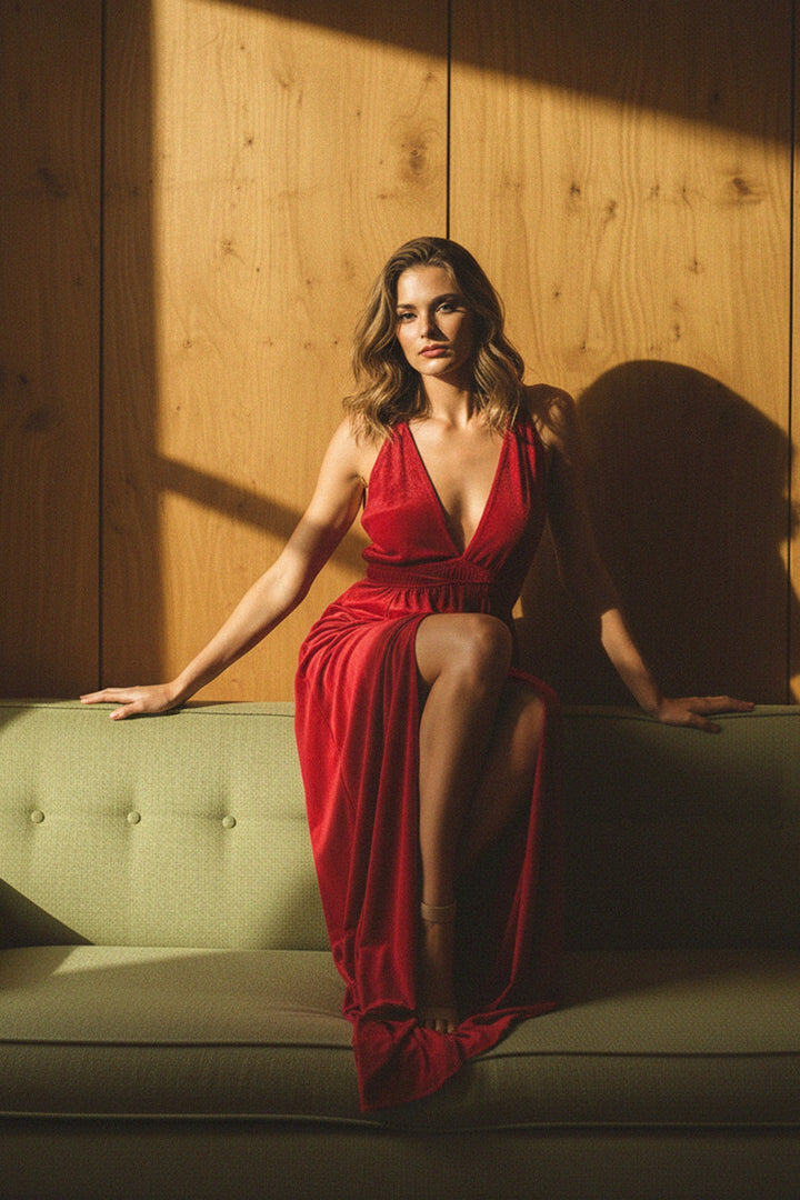 Flowy red gown with high slit and elegant drape, photographed at sunset for a romantic, luxury fashion look.