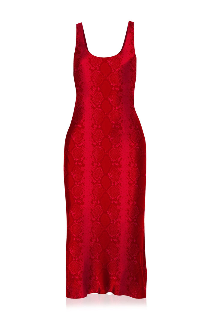 red cami dress, designer midi dress, snake print dress, womens red outfit, elegant midi wear, fashion cami dress