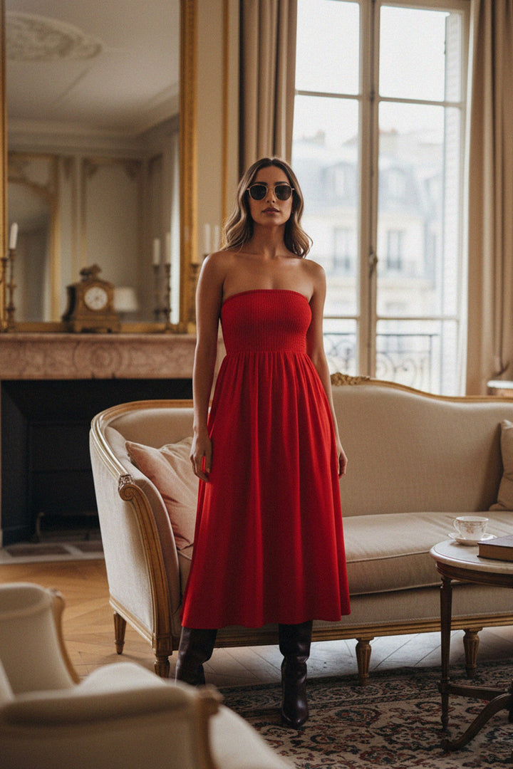 Chic red tube midi dress with a flattering fit and modern silhouette, ideal for date nights or city strolls.