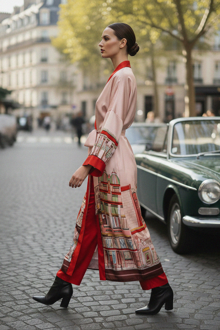 red silk kimono dress, printed women robe, Kyle Shahida designer wear, elegant midi dress, stylish silk kimono