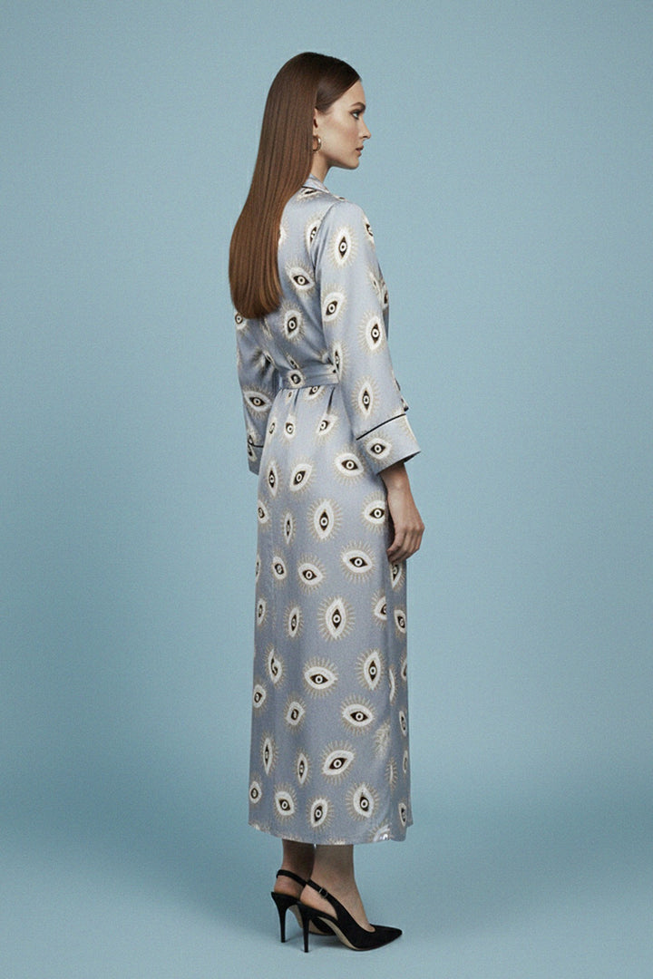 evil eye robe, grey silk look, shahida parides, womens designer duster, santorini inspired, boho luxury outfit, printed kimono coat
