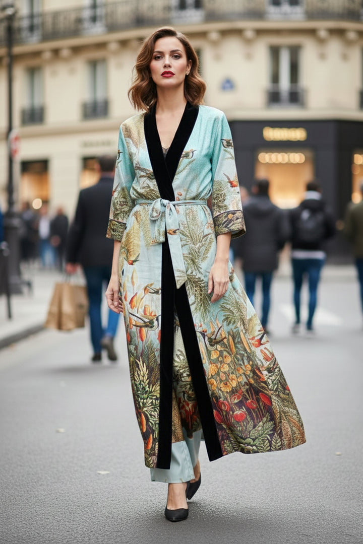 santorini robe, nature print silk, womens trench coat, shahida parides, designer silk robe, luxury womenswear