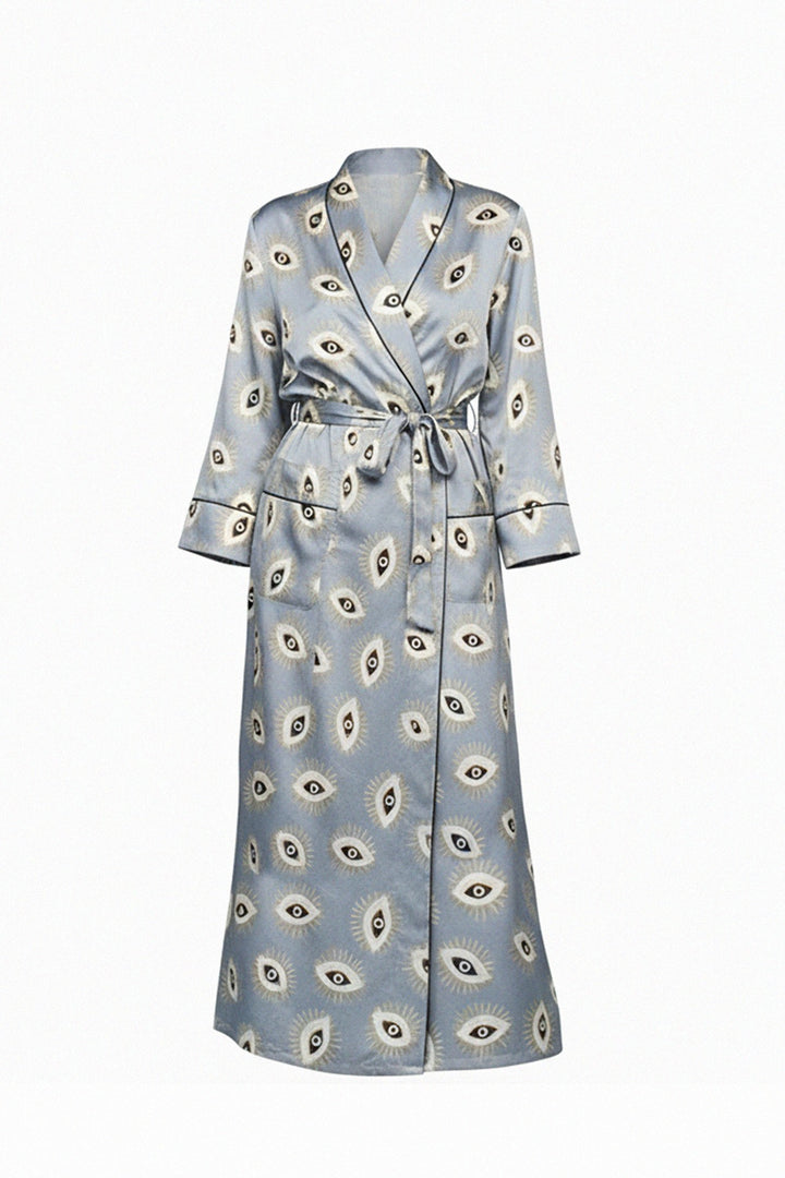 designer womens kimono, chic island outfit, artistic print robe, modern womenswear, elegant silk robe