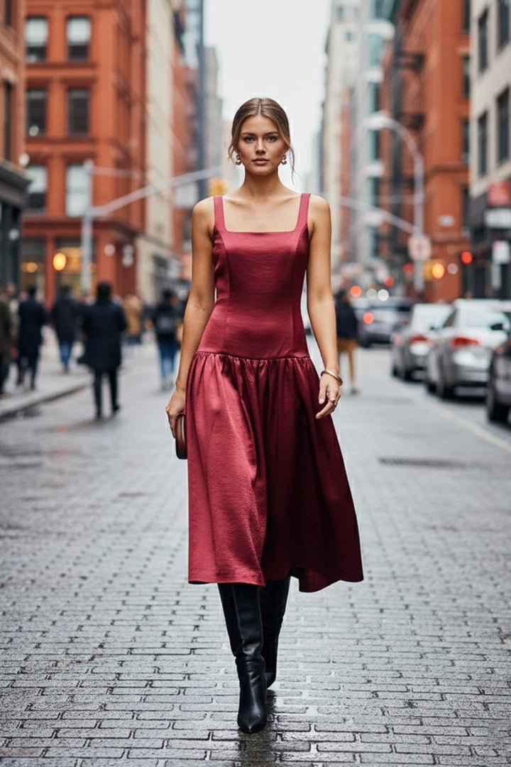 elegant satin fit and flare dress,
satin midi dress with flared hem,
Shahida Parides,