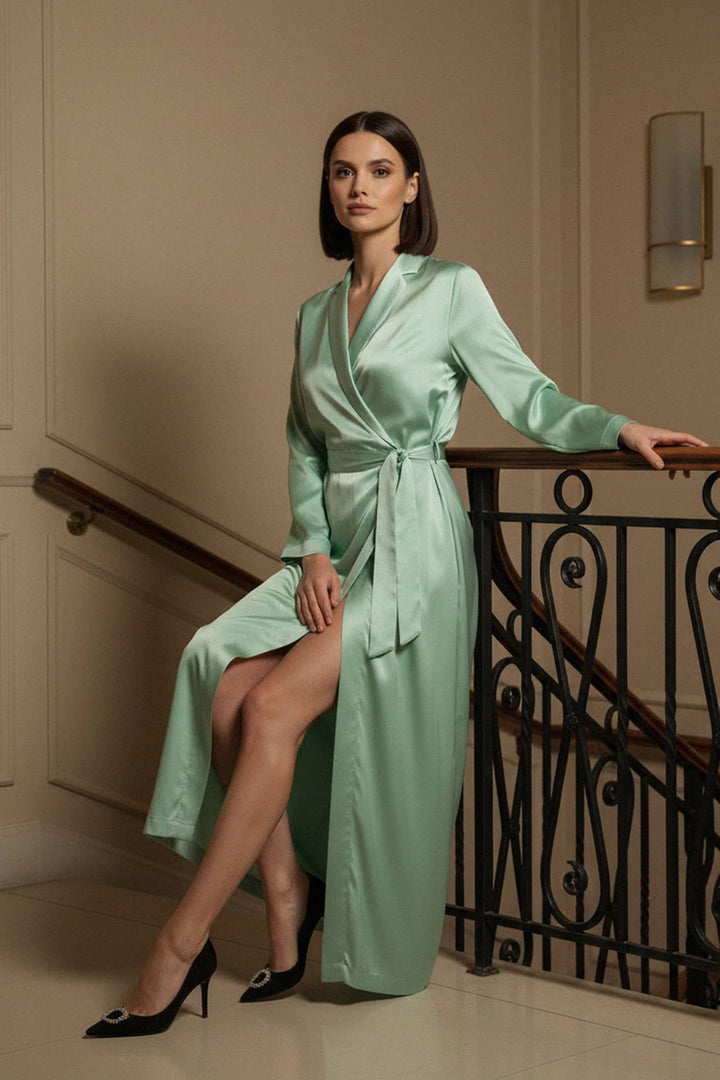 shahida parides, satin wrap gown, mint maxi dress, tie belt detail, refined formal look