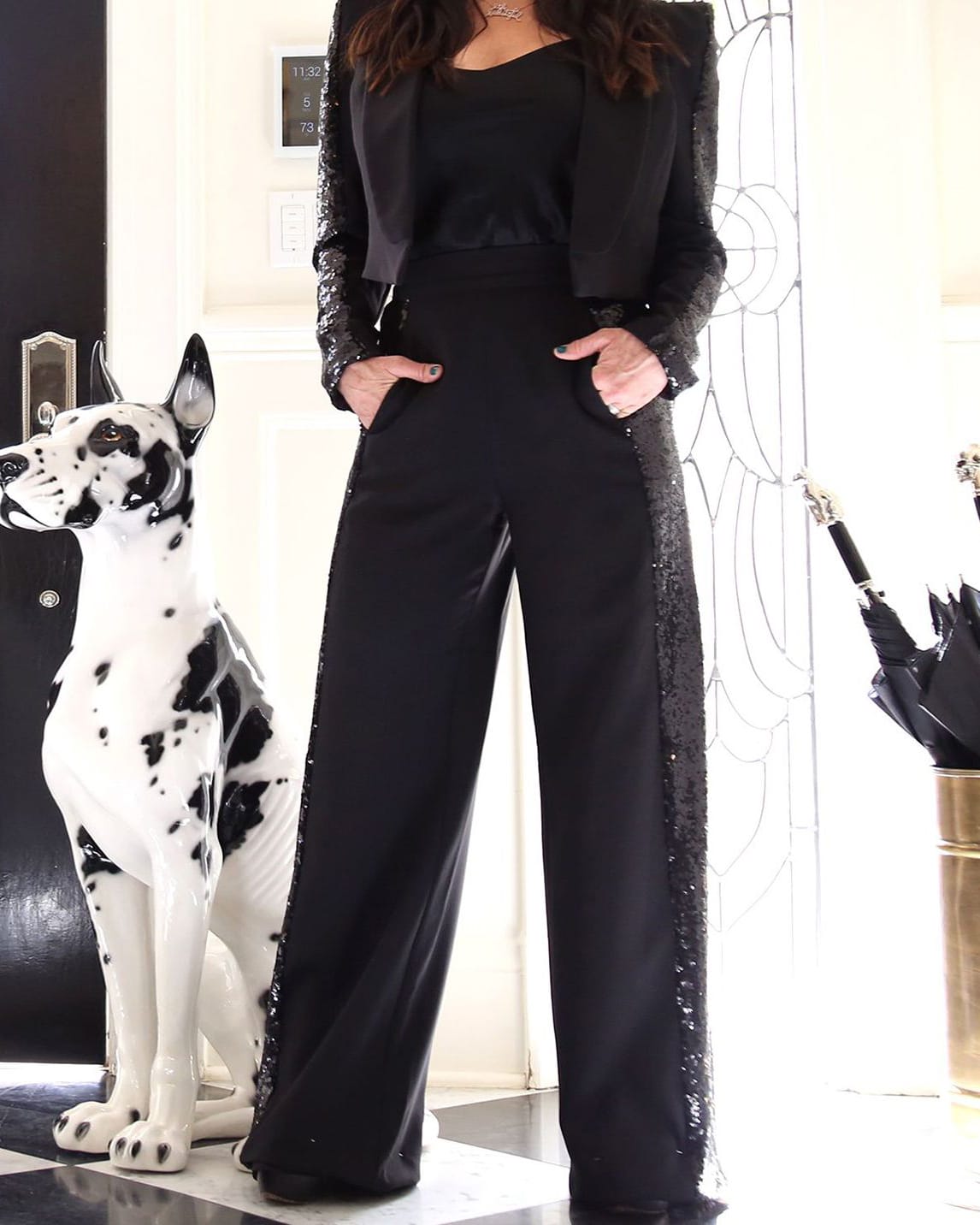 "black sequin womens suit" "black sequin pant suit womens" sequin long sleeve body suit" "Kyle X Shahida" 