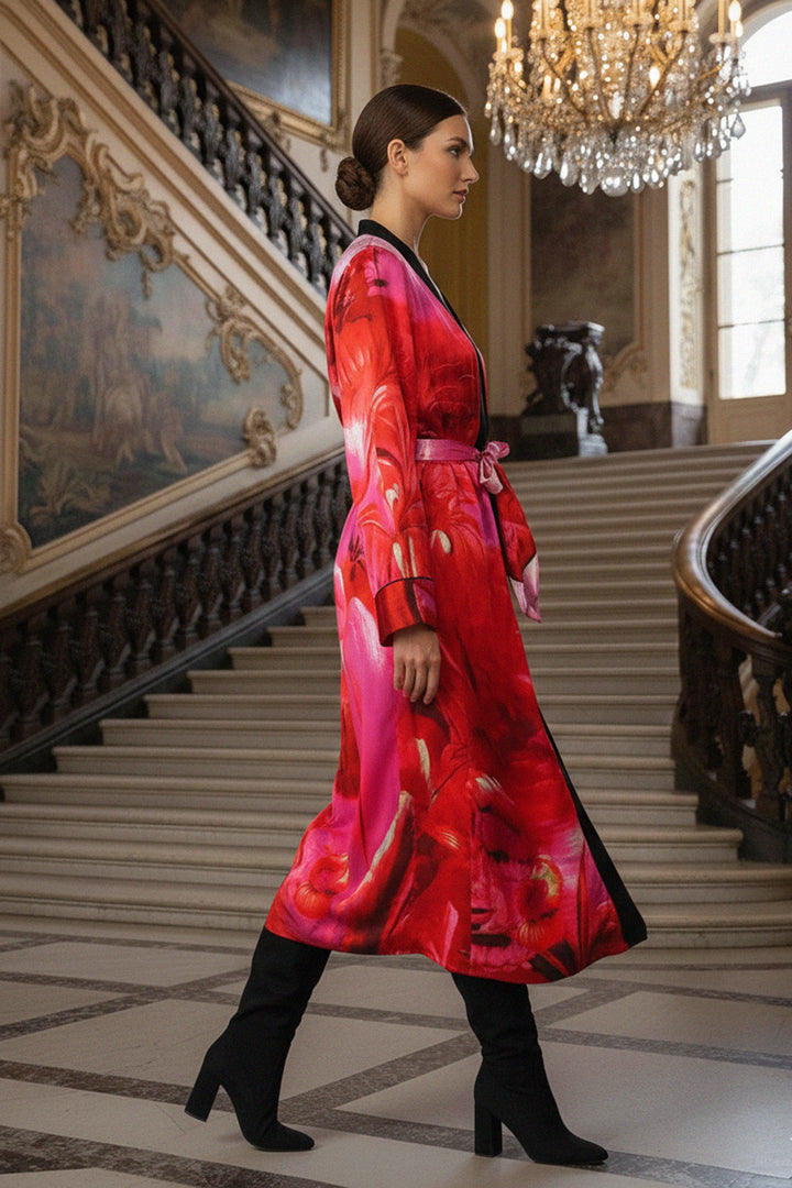 floral silk kimono, women’s hot pink, luxury robe style, runway inspired robe, feminine silk fashion