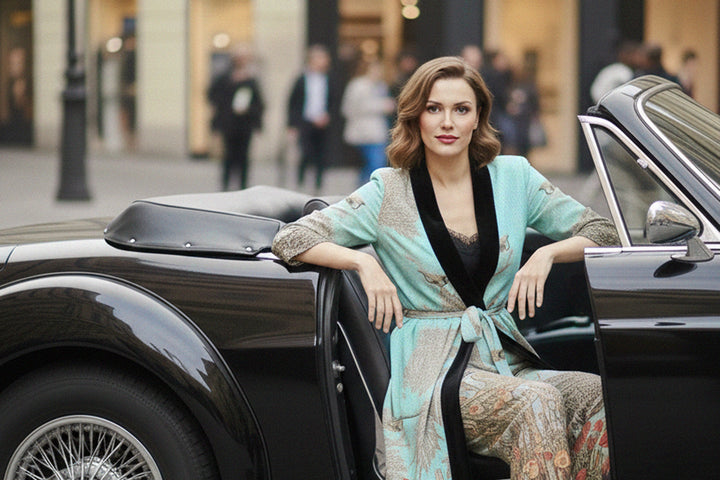 designer silk robe, womens kimono, nature print silk, shahida parides, santorini fashion, luxury womenswear