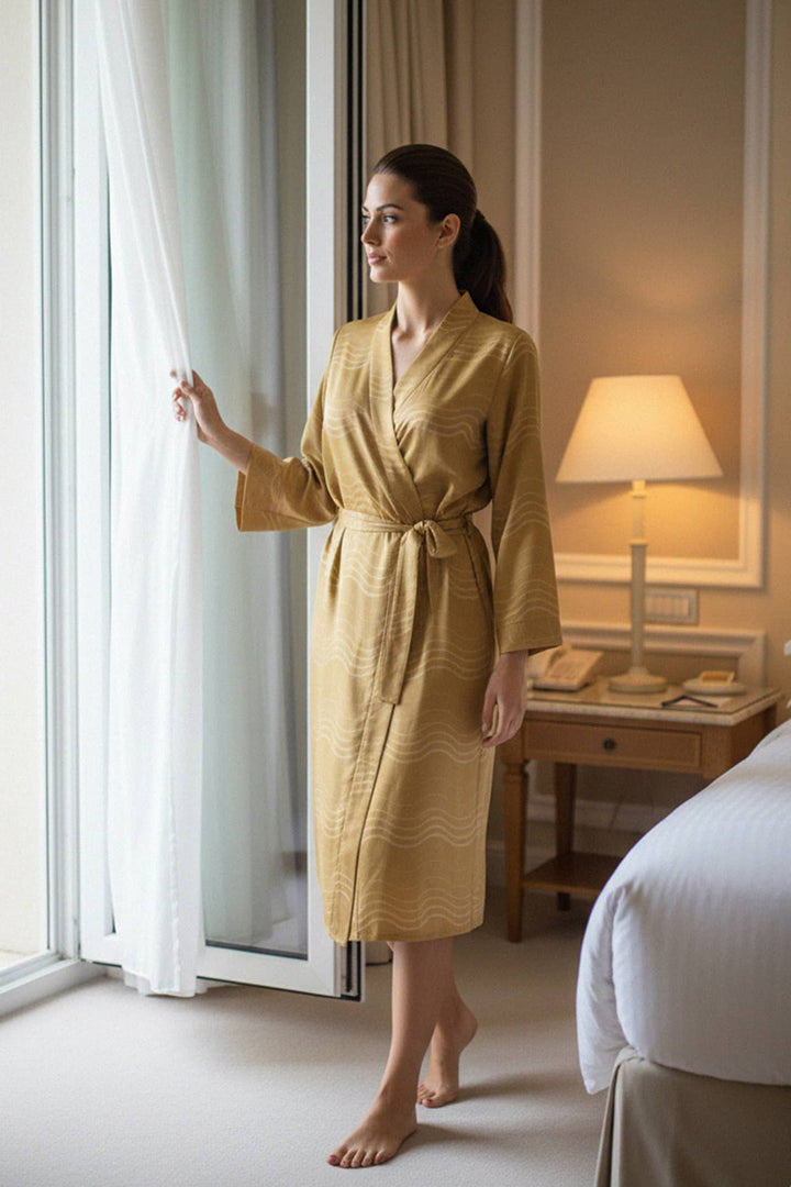 wavy stripe, day-to-night style, gold elegance, midi wrap dress, chic luxury, belted silhouette
